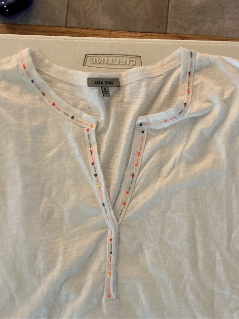 Lisa Todd White Split-Neck Tunic with Multicolor Accent Stitching